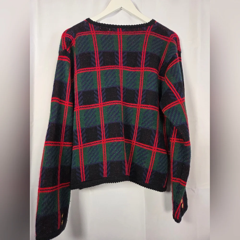 Vintage Tally Ho Cardigan Sweater Womens L Green Red Plaid Long Sleeve - Picture 3 of 6